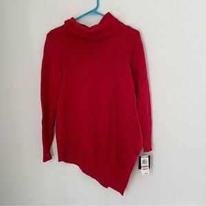 Alfani Women’s Cowl Neck Sparkly Red Asymmetric Hemline Knit Sweater Petite XL